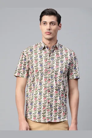Hatheli Men White & Green Hand Block Printed Casual Shirt