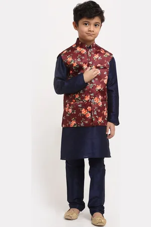 Kraft Boys Navy Blue Floral Dupion Silk Kurta with Pyjamas & Nehru Jacket
