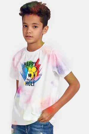 BONKIDS Boys White & Multicoloured Mickey Mouse Holi Printed T-shirt
