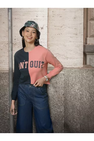 MADAME Women Navy Blue & Pink Colourblocked Sweatshirt