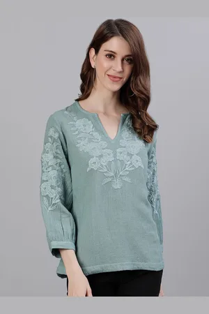 Ishin Sea Green Floral Embroidered Top