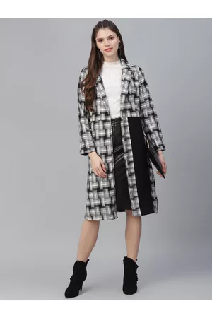 ATHENA Women Black &White Checked Woolen Longline Overcoat