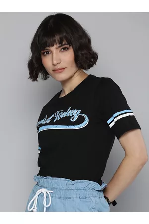 Flying Machine Women Black Typography Printed Pure Cotton T-shirt