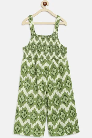 am ma Kids Green & White Geometric Printed Jumpsuit