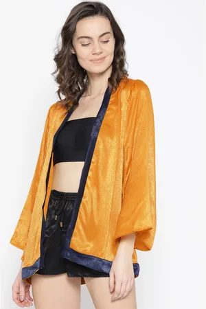 Erotissch Women Mustard Yellow Solid Mini Robe With Satin Finish