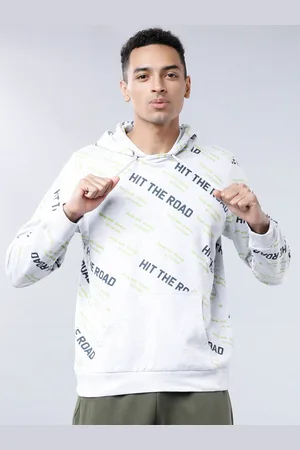 LocoMotive Men Grey & Black Printed Hooded Sweatshirt