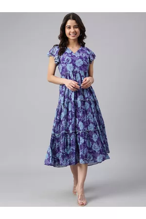 Janasya Blue & russian violet Floral Print A-Line Midi Dress
