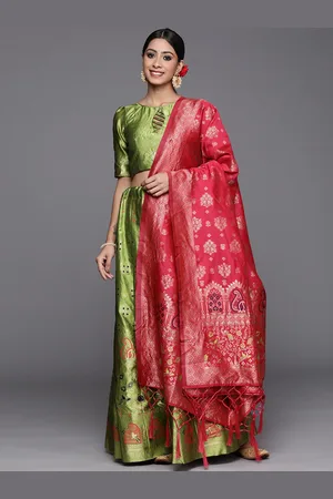 Mitera Women Green & Gold-Toned Batik Semi-Stitched Lehenga Unstitched Blouse & Dupatta
