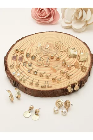 Ami Set of 25 Gold-Plated & White Contemporary Studs Drop & Semi-Hoops Earrings