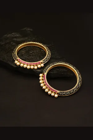 Priyaasi Set Of 2 Gold-Plated Off-White & Black Pearl Beaded Handcrafted Meenakari Bangles