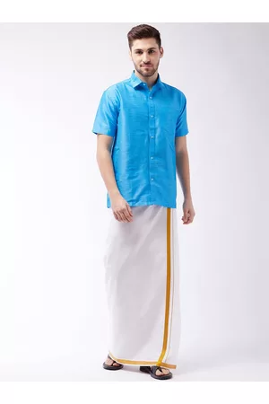 Vastramay Men Blue & White Shirt set with Dhoti
