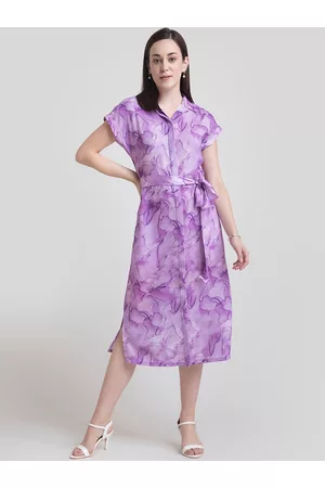 FableStreet Women Purple Abstract Shirt Collar Midi Dress