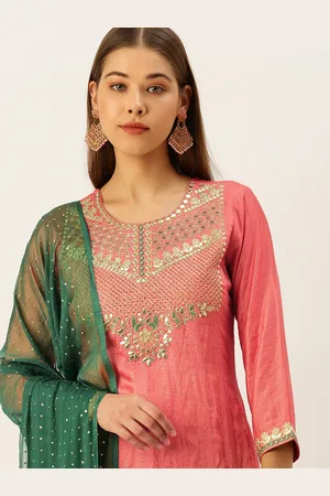 SWAGG INDIA Women Peach-Coloured Ethnic Motifs Embroidered Sequinned Liva Kurta with Trousers & With Dupatta