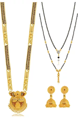 Brandsoon Set Of 3 Gold-Plated Black & White Stone-Studded & Beaded Mangalsutra With Earrings