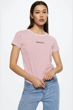 MANGO Women Red & White Striped Pure Cotton T-shirt