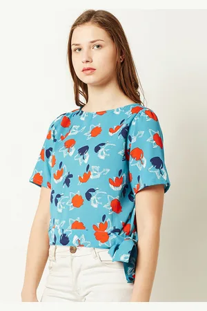 Miss Chase Women Turquoise Blue Floral Print Tie-Up Hem Top
