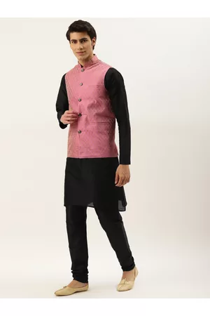 SOJANYA Men Black Solid Kurta Set With Printed Jacket