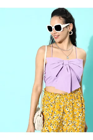 STREET 9 Women Cotton Bow Design Solid Crop Fitted Top
