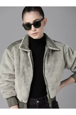 Roadster Women Olive Green Solid Faux Fur Bomber Jacket