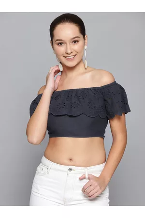 STREET 9 Women Navy Blue Schiffli Embroidered Cropped Bardot Top