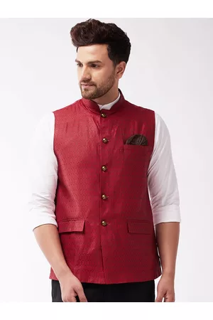 Vastramay Men Maroon Woven-design Slim-Fit Nehru Jacket