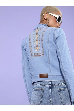 HERE&NOW Women Blue Embroidered Denim Jacket