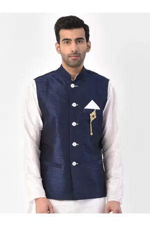 SG LEMAN Men Navy Blue Solid Satin Nehru Jacket