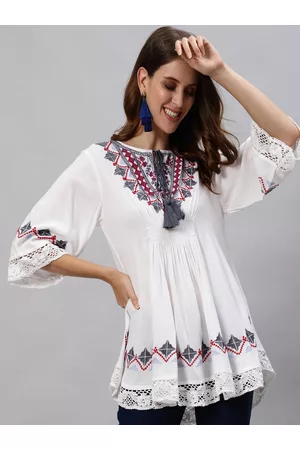 Ishin White & Blue Floral Tie-Up Neck Embroidered Crochet A-Line Top