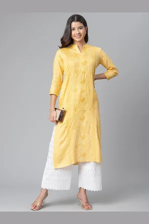 akheri Women Yellow & White Pintucks Panelled Cotton Chikankari Embroidered Straight Kurta