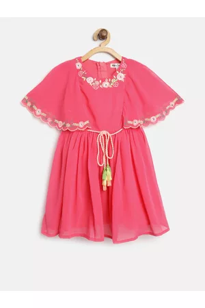 Nauti Nati Girls Pink Solid Fit & Flare Dress with Floral Embroidered Detail