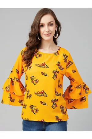 Rare Fashion Yellow Floral Printed Bell Sleeves Crepe Regular Top