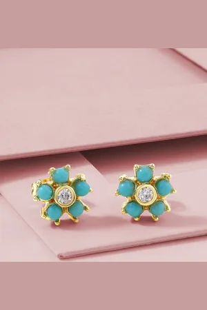 MINUTIAE Women Turquoise Blue Gold Plated Floral Studs Earrings