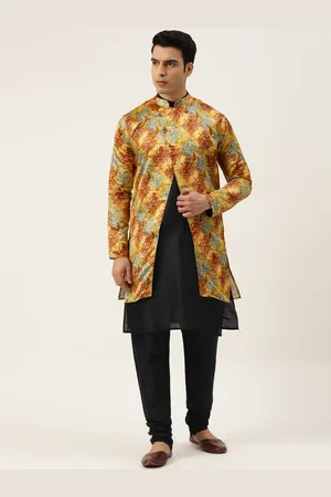 SOJANYA Men Black & Yellow Kurta with Churidar & Printed Jacket