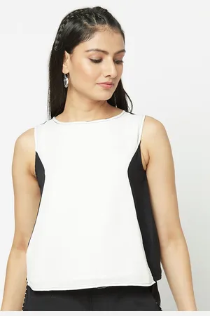 Fabindia Black & White Colourblocked Round Neck Regular Top