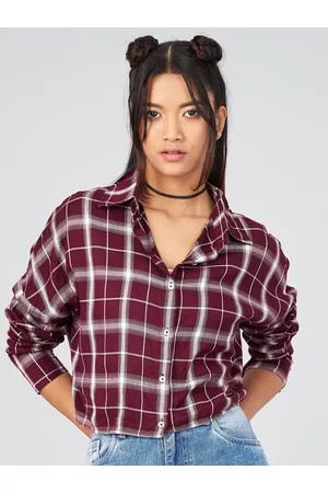 Chimpaaanzee Women Maroon Oversized Tartan Checks Printed Casual Shirt