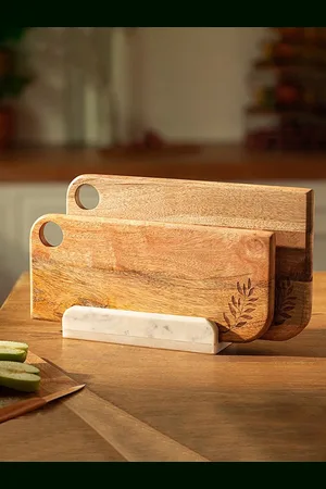 ellementry Set Of 2 Solid Wooden Chopping Board with Marble Stand