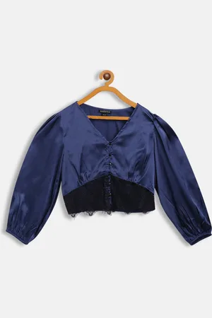 Antheaa Navy Blue Smocked Laced Satin Crop Top