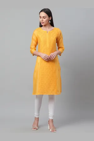 akheri Women Yellow Chikankari Embroidered Semi-Sheer Chanderi Straight Kurta