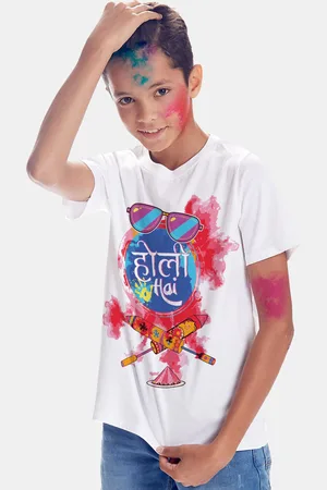 BONKIDS Boys White Printed Holi T-shirt