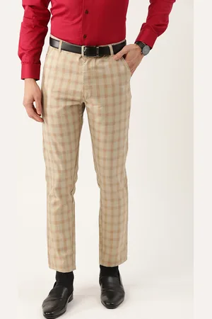 SOJANYA Men Beige & Brown Checked Smart Regular Fit Regular Trousers