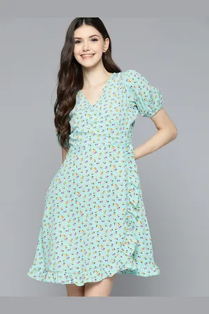 Mast & Harbour Blue & White Floral Wrap Ruffled Dress