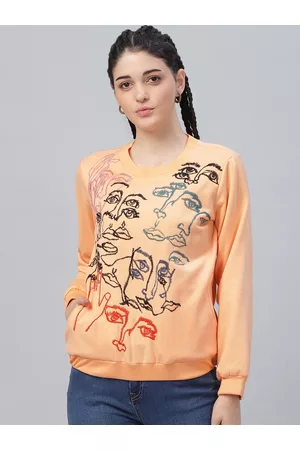 ATHENA Women Peach-Coloured & Black Embroidered Pullover Sweatshirt