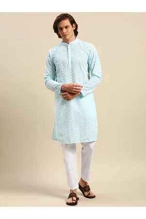Anouk Men Ethnic Pyjamas - Men Blue Ethnic Motifs Embroidered Pure Cotton Kurta with Pyjamas