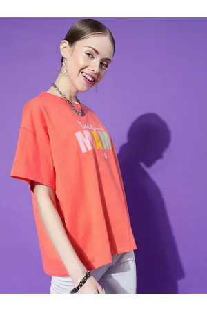 STREET 9 Women Coral Typography Printed Oversized Cotton Outdoor T-shirt