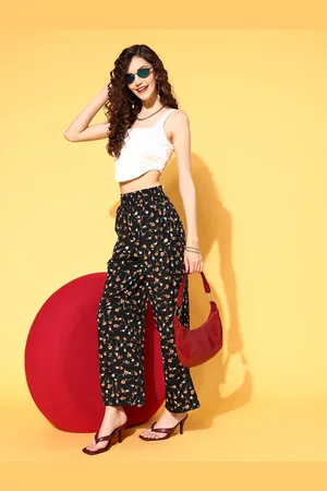 Berrylush Women Classic Black Floral Roman Column Trousers