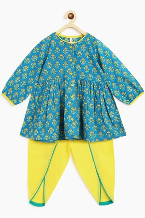 Campana Girls Blue Printed Pleated Pure Cotton Kurta with Dhoti Pants