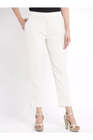 Juniper Women Off-White Slim Fit Striped Regular Trousers