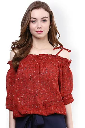 Rare Fashion Rust Red Lightweight Printed Off-Shoulder Blouson Top with Smocking