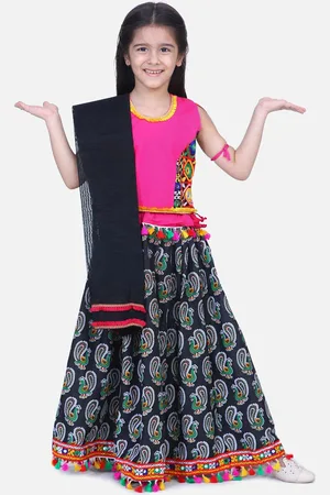 BownBee Girls Pink & Black Printed Lehenga Choli Set