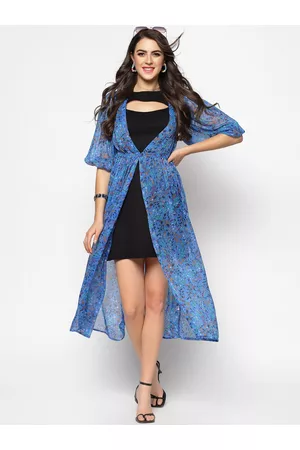 Sera Women Blue & Black Printed Tie-Up Shrug